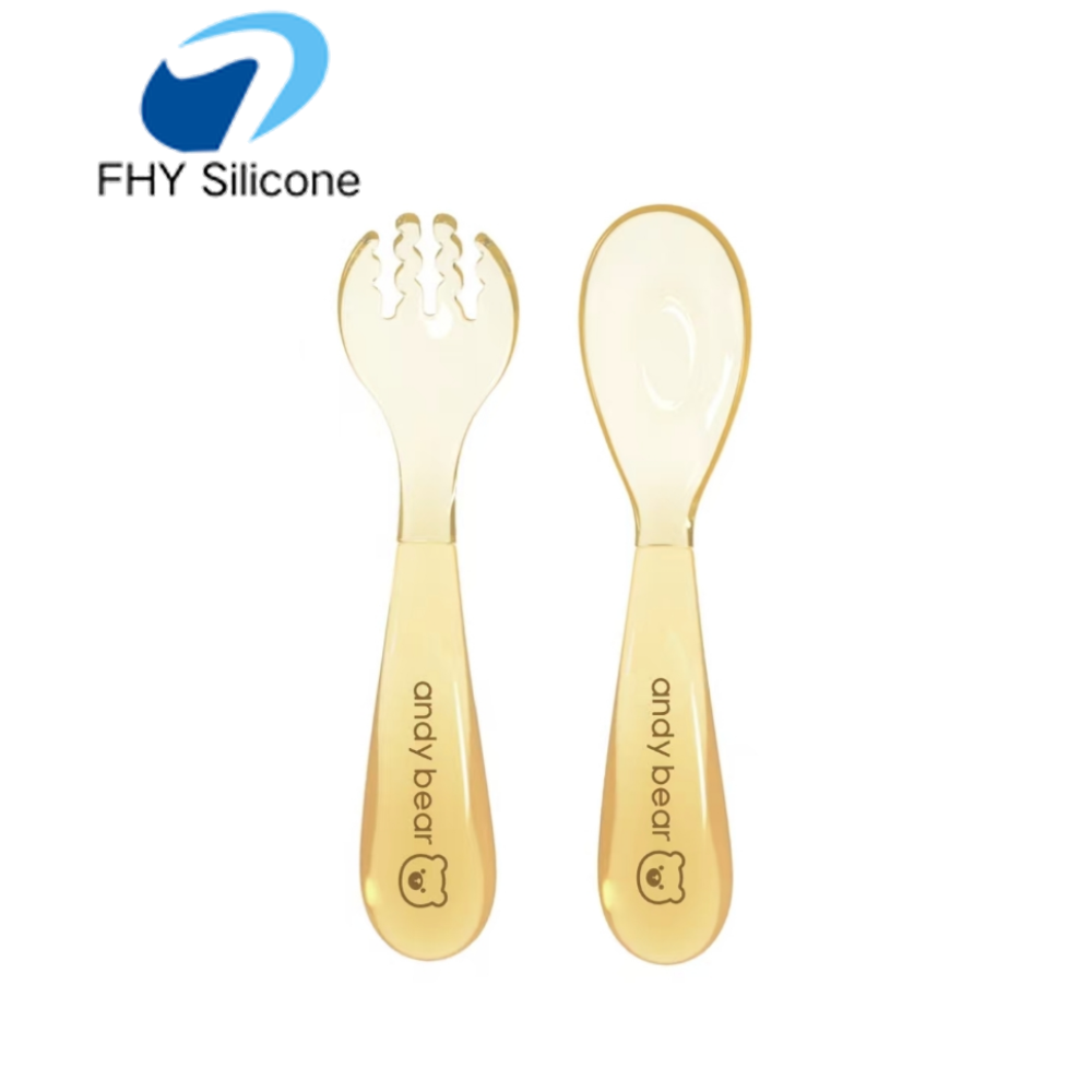 Custom Silicone Gold Ingot Spoon and Fork for Baby Self Feeding