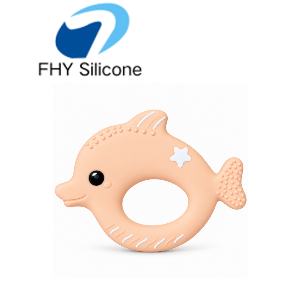 Silicone Dolphin Baby Teether with Textured Surface and Easy-Grip Handle